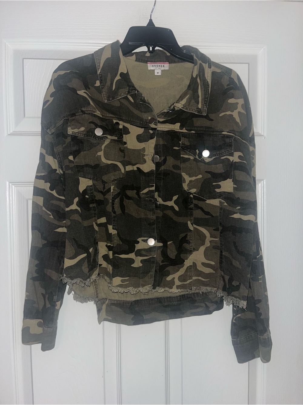 Andree Olive & Black Camo Distressed Denim Jacket